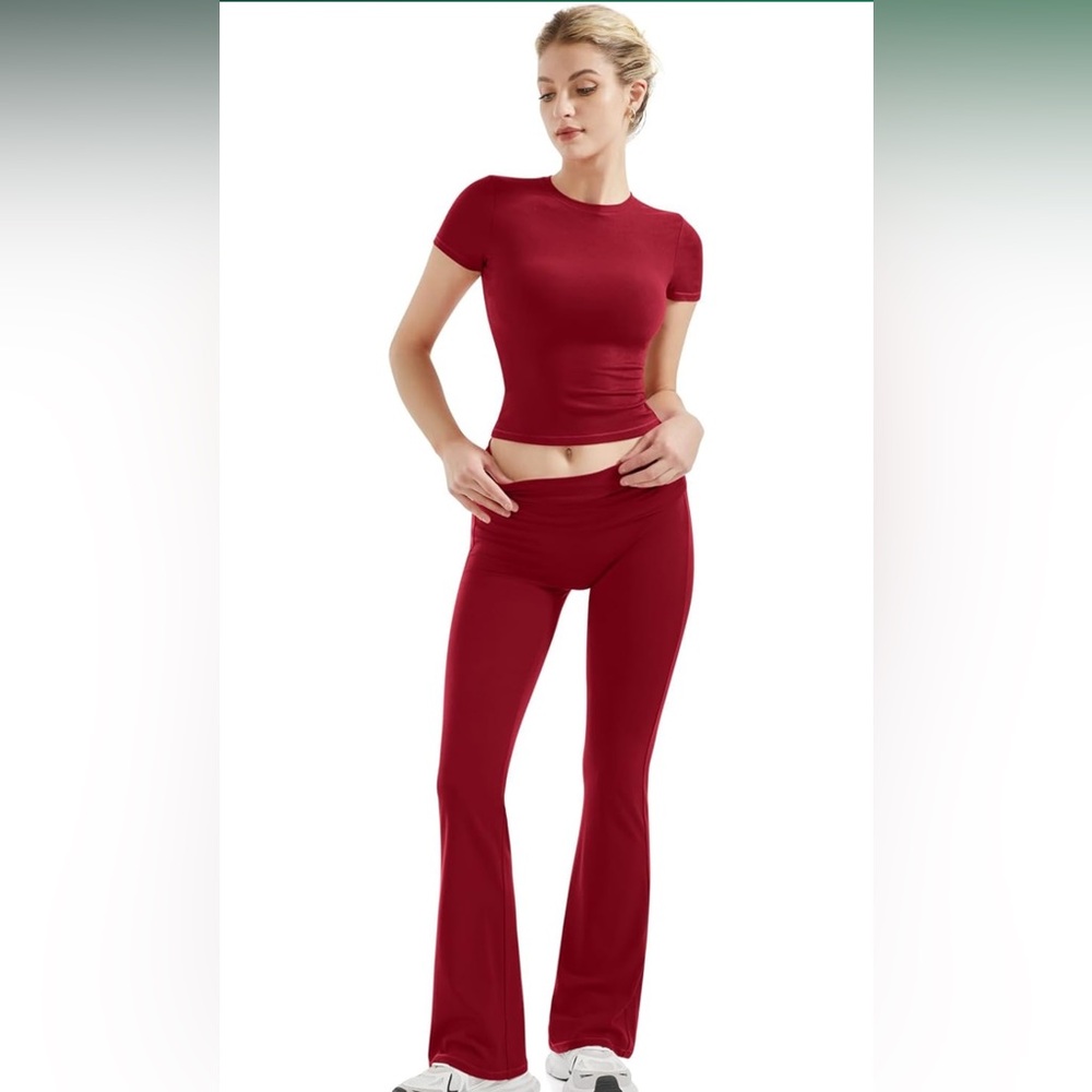 Solid round neck tee & flare leg pants two pc set